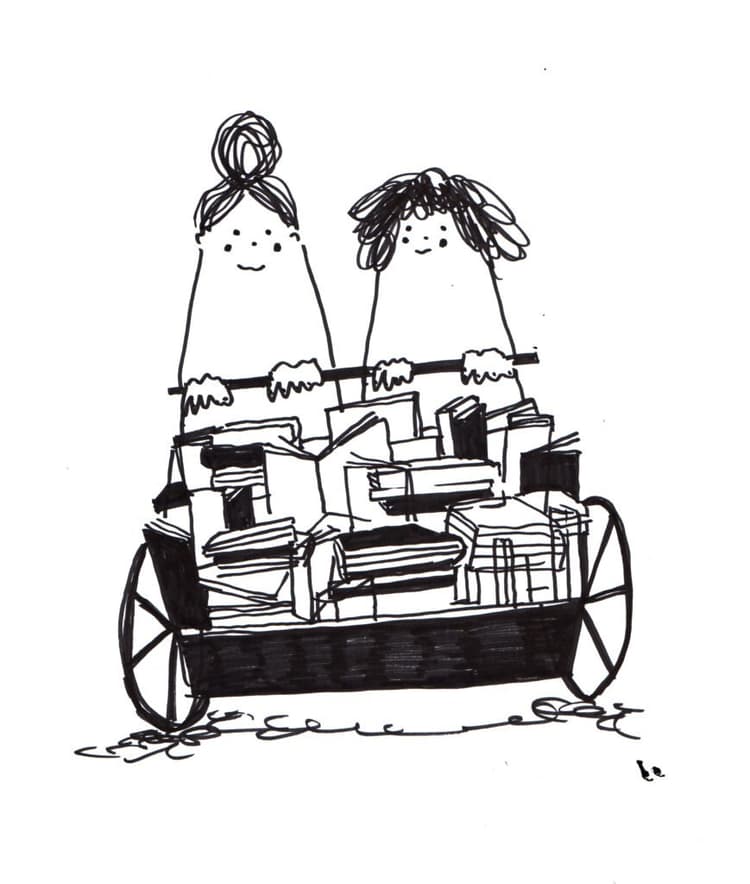 Ilustración de las dos libreras con su cargo bike llena de libros